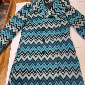PEPPE PELUSO Womens Coat Size Small Blue/ Black Chevron Patterned Coat